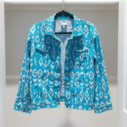 DG2 by Diane Gilman Patterned Denim Jacket – Turquoise/White – Size L