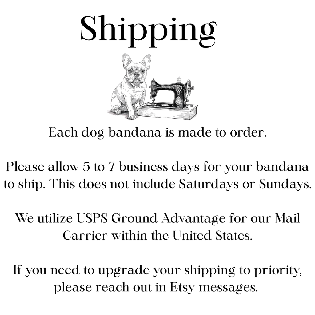 Text about dog bandanas with a black and white illustration of a dog and sewing machine.