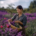 Woman in a lavender field with a basket of harvested lavender.