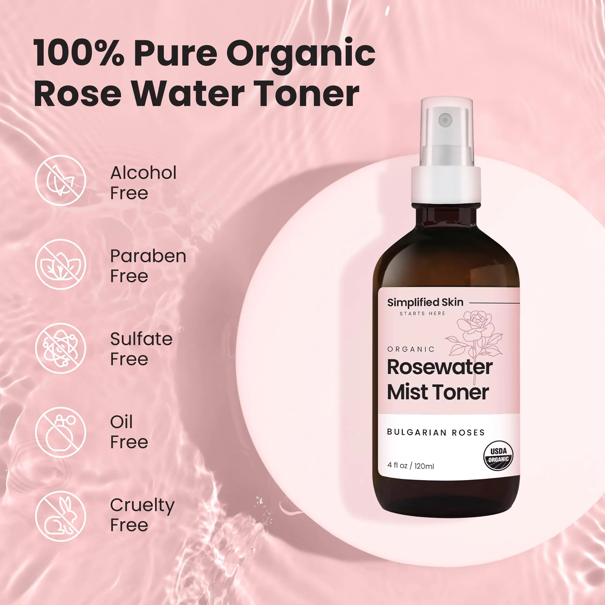 Organic Rose Water Spray - Multi-Purpose Hydrating Mist for Face, Body & Hair - 4 Oz
