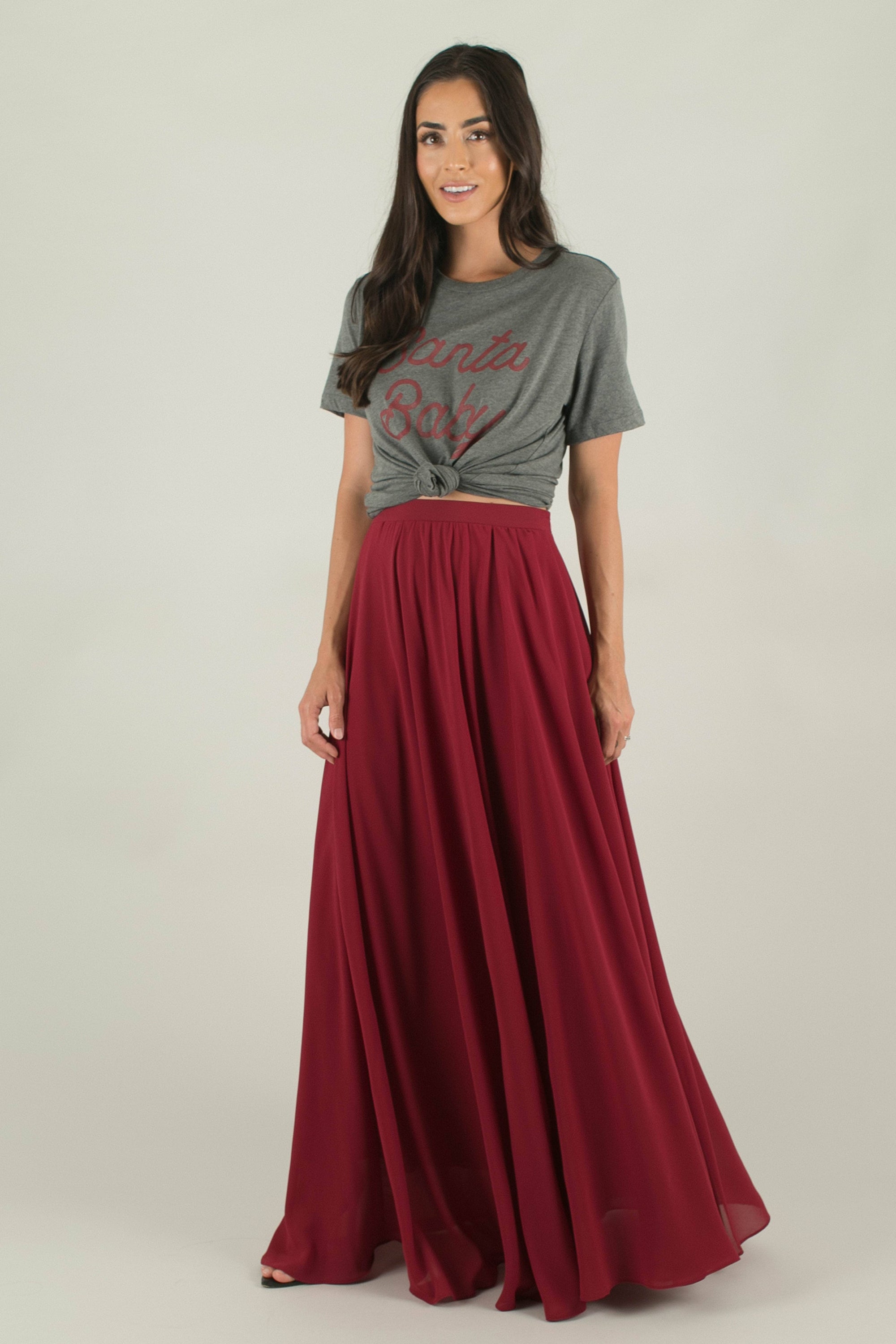 Sadie Flowy Chiffon Maxi Skirt – Crimson