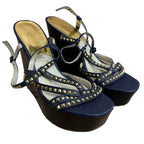 Michael Kors Size 8M Navy Blue Leather Gold Studs Strappy Wedge Heel Sandals