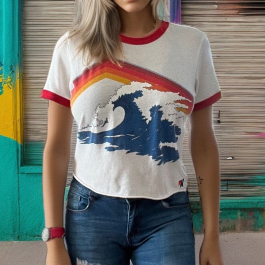 Aviator Nation Tsunami Rainbow 70s Style Cropped Tee