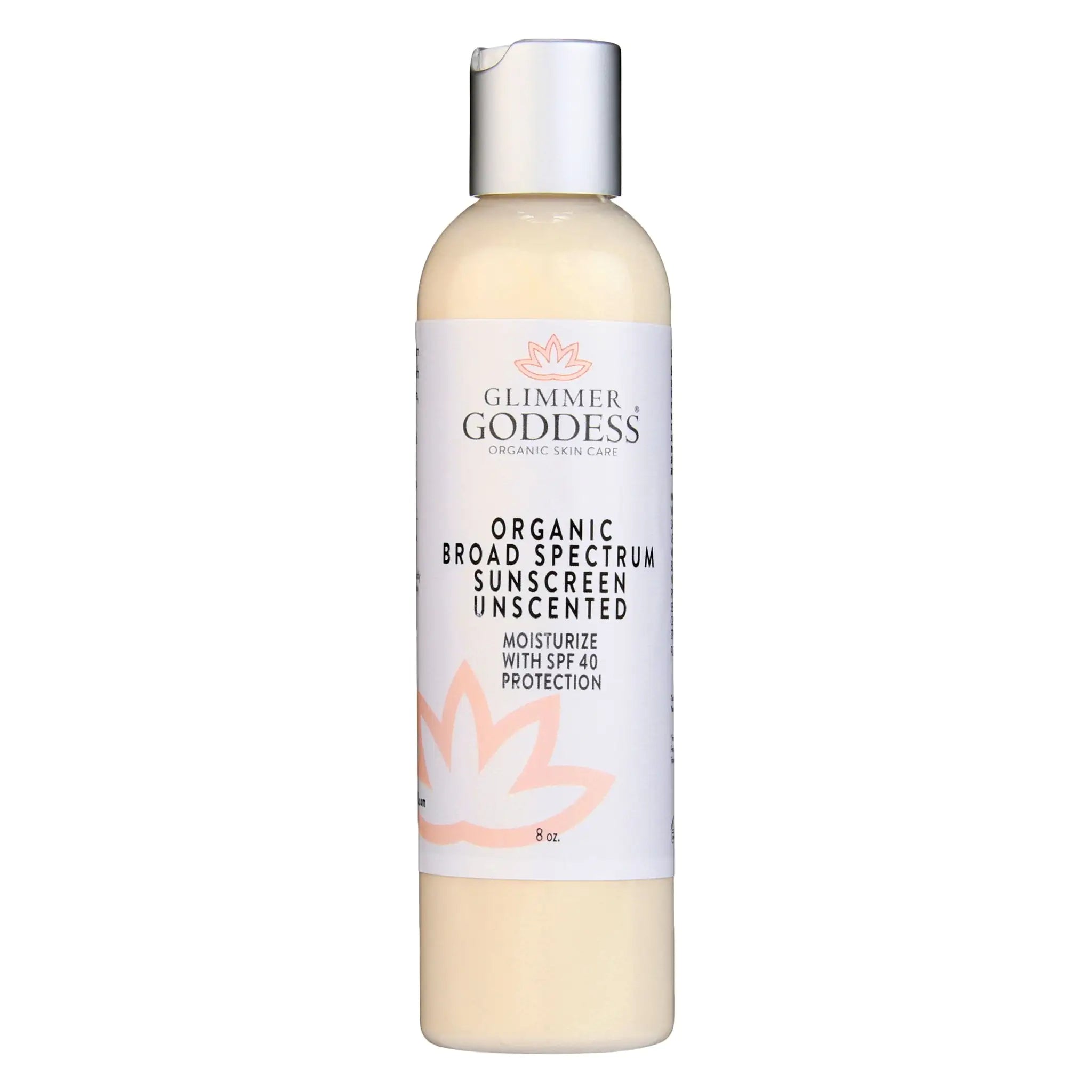 Glimmer Goddess organic broad spectrum sunscreen bottle on a white background