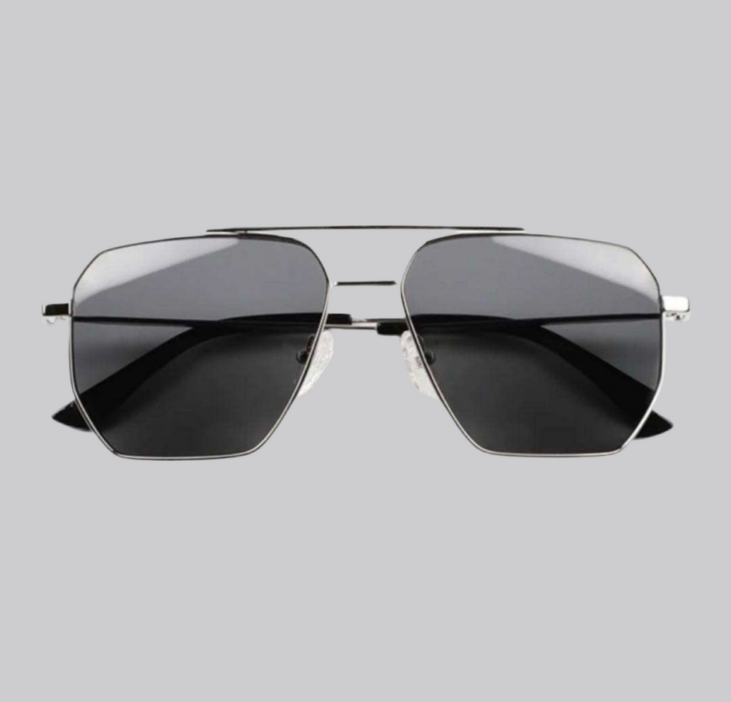WO|MN Logo Aviator Sunglasses (Metal + Acetate) — Silver Frame, Black Polarized Lenses