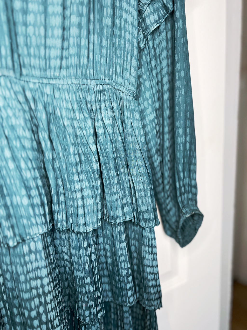 Anthropologie Current Air Pleated Tiered Jacquard Mini Dress – Jade Green
