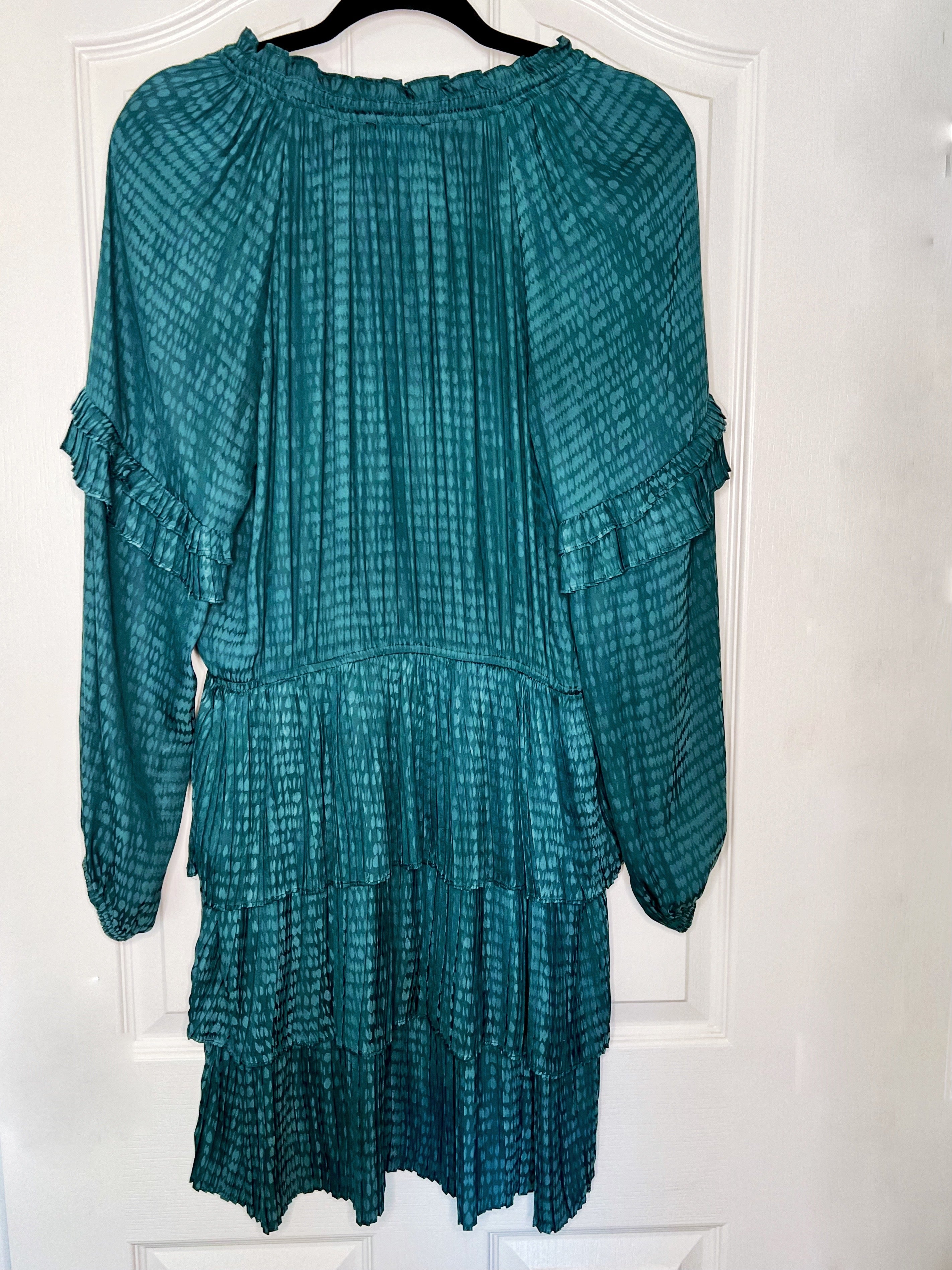 Anthropologie Current Air Pleated Tiered Jacquard Mini Dress – Jade Green