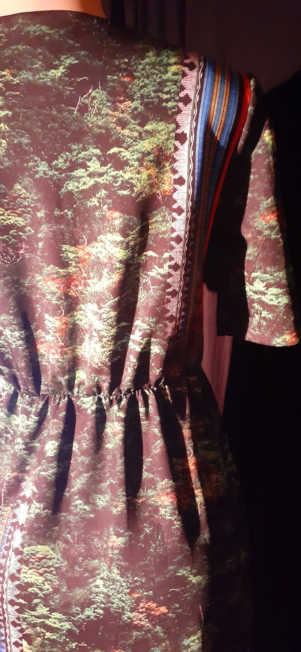 Close-up of a patterned dress with a focus on the fabric texture.