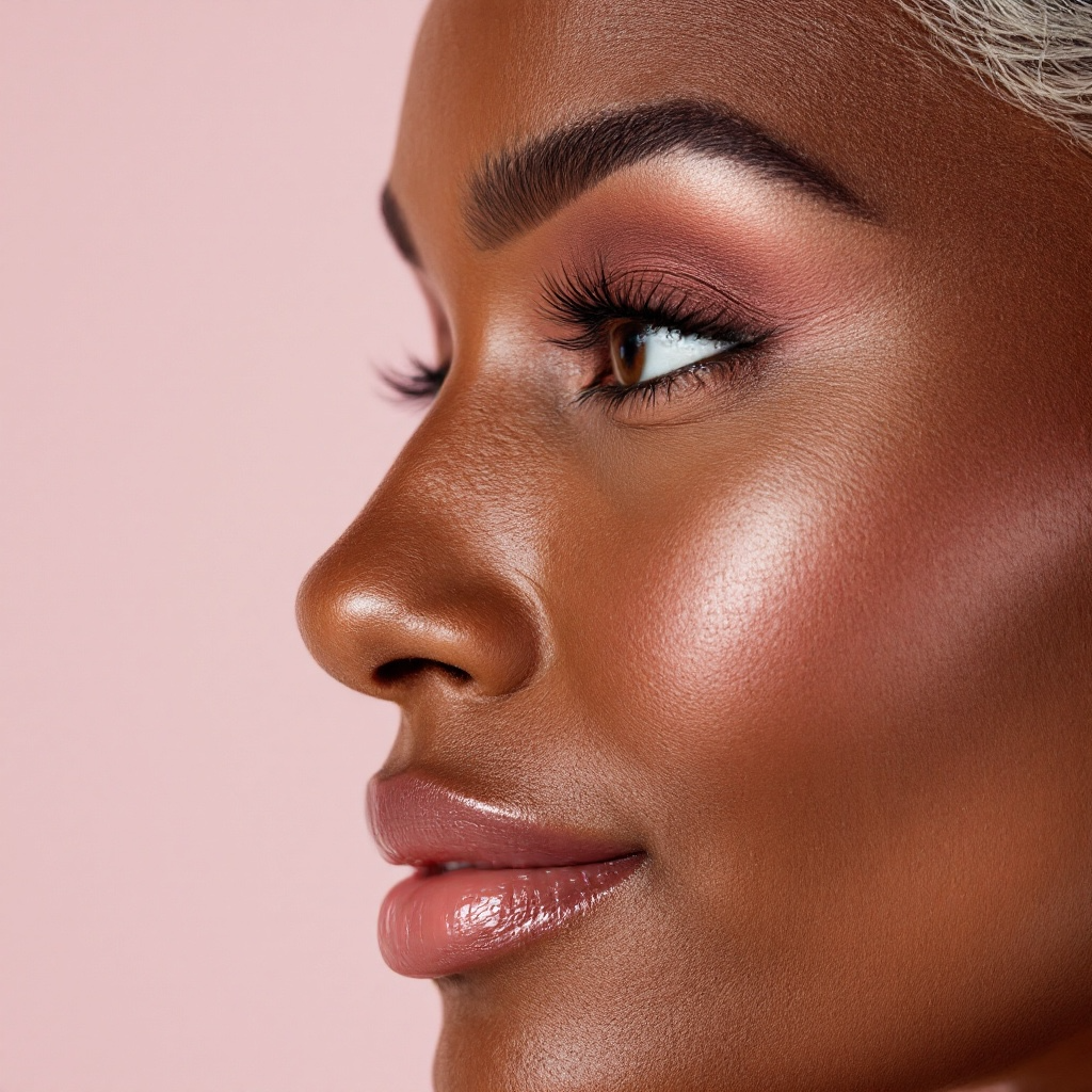 Close-up of a woman's face with makeup on a pink background