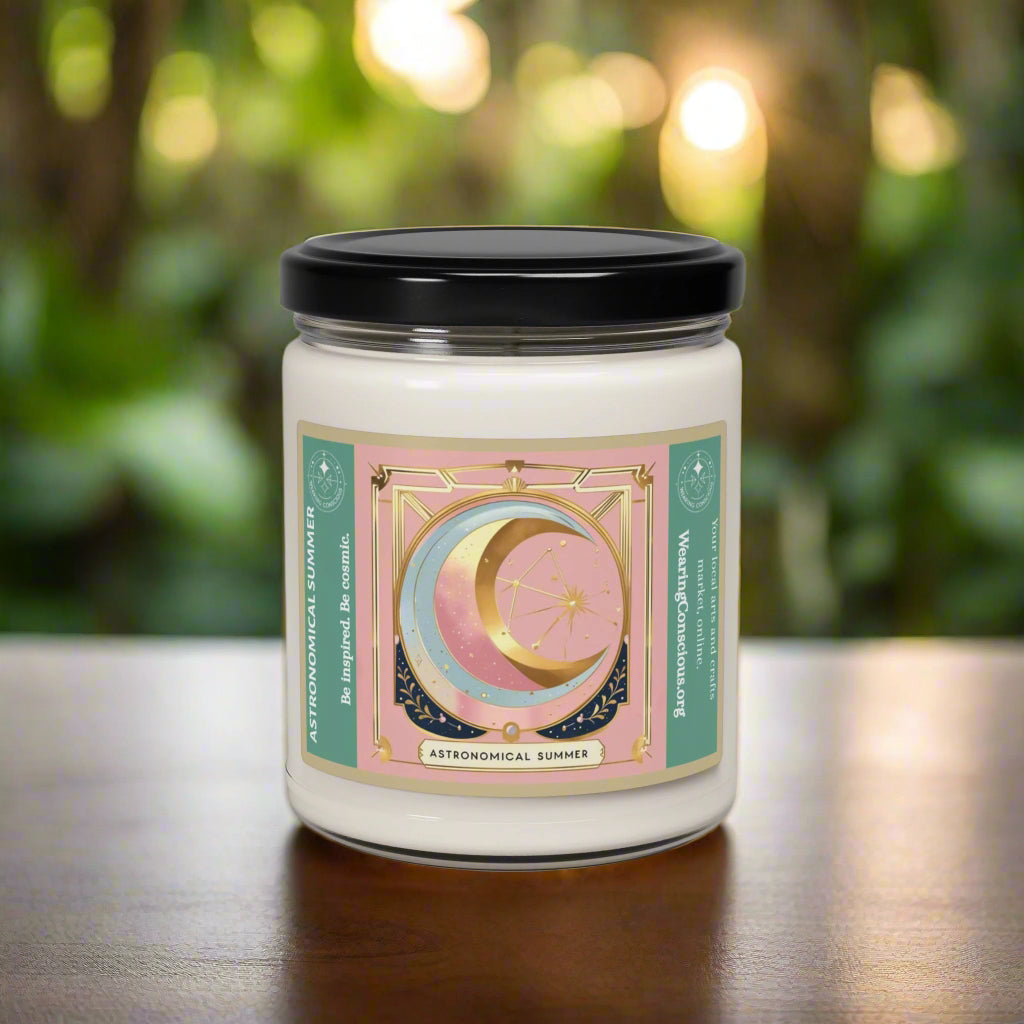 Candle jar with a decorative label on a white background