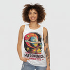 Woman wearing a white tank top with a colorful 'Astronomical' design and text.