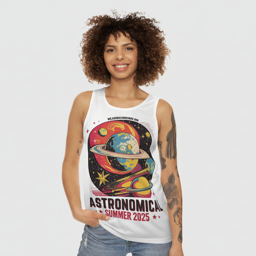 Woman wearing a white tank top with a colorful 'Astronomical' design and text.