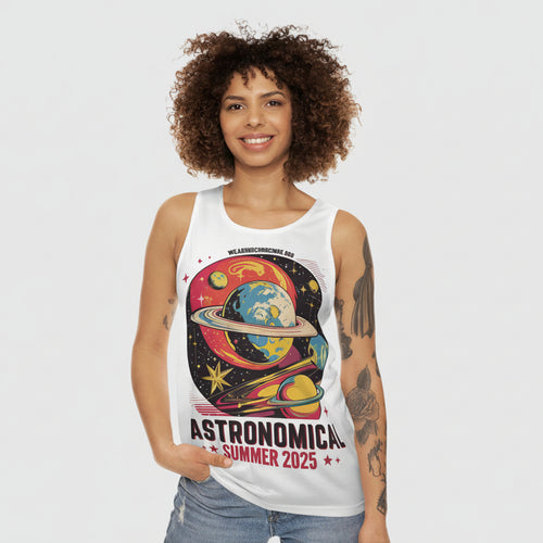 Woman wearing a white tank top with a colorful 'Astronomical' design and text.