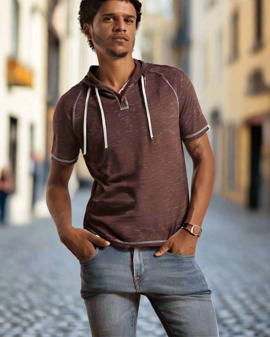 ZIMEGO Short Sleeve Raglan Henley Hoodie Round Bottom Semi Longline T-Shirt