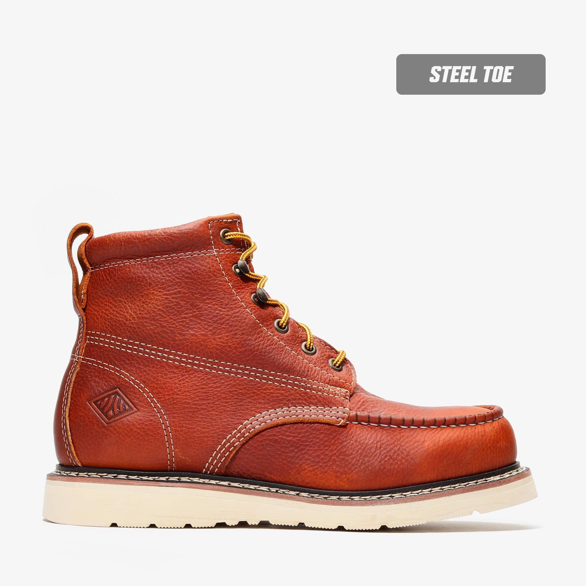Brown leather boot with steel toe on a white background