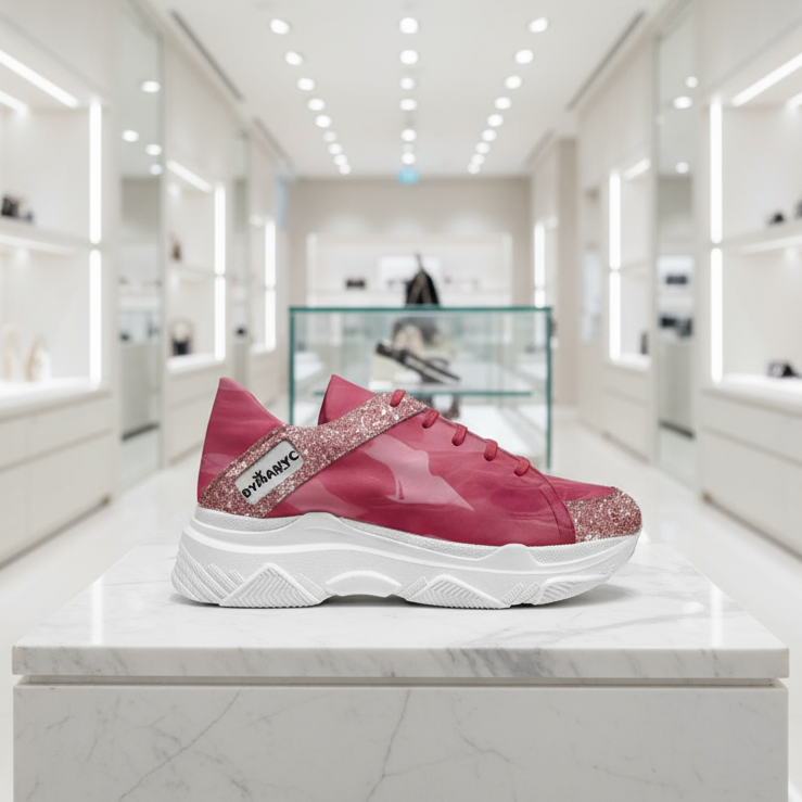 Pink sneaker with glittery details on a white background
