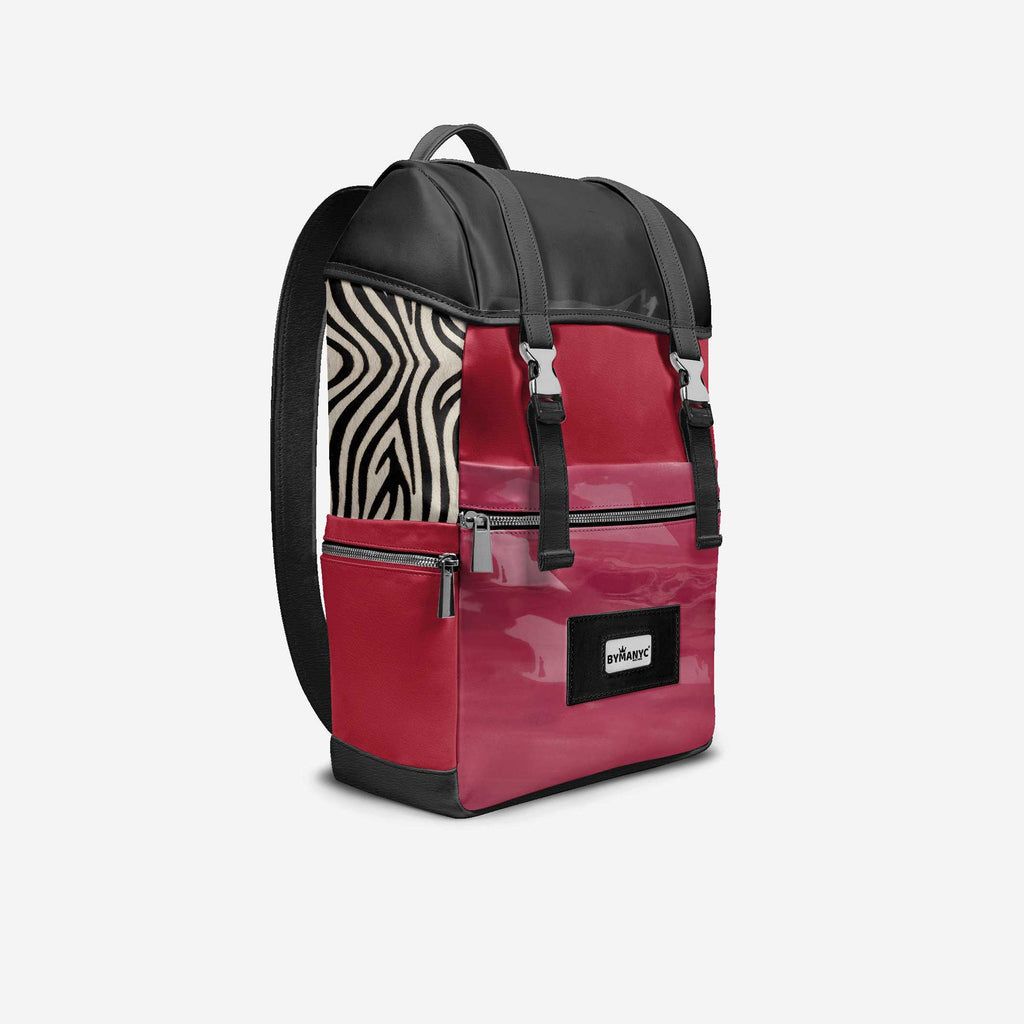 Red backpack with zebra pattern side panel on a white background
