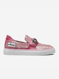 Pink glittery slip-on shoe with a buckle on a white background
