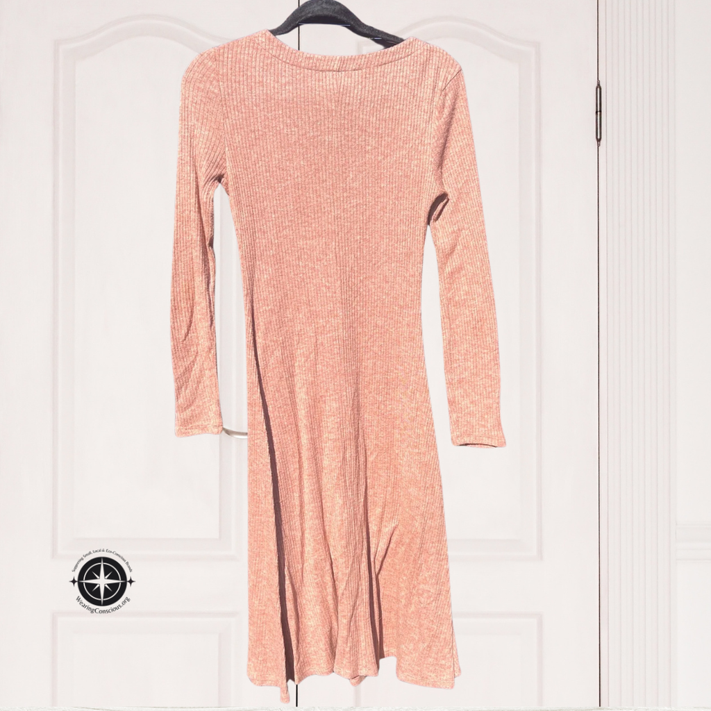 Back of Long Sleeve Sweater Dress in Tan