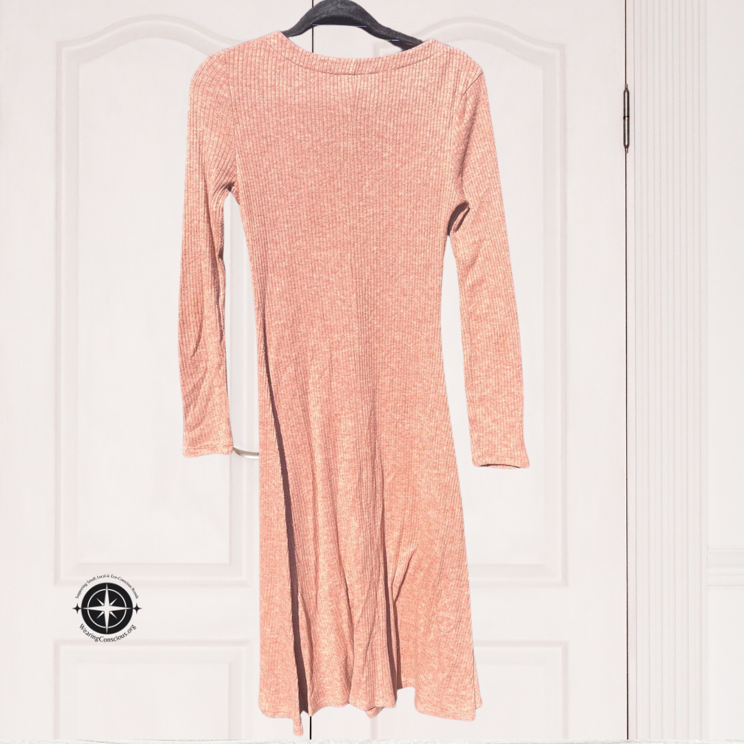 Back of Long Sleeve Sweater Dress in Tan