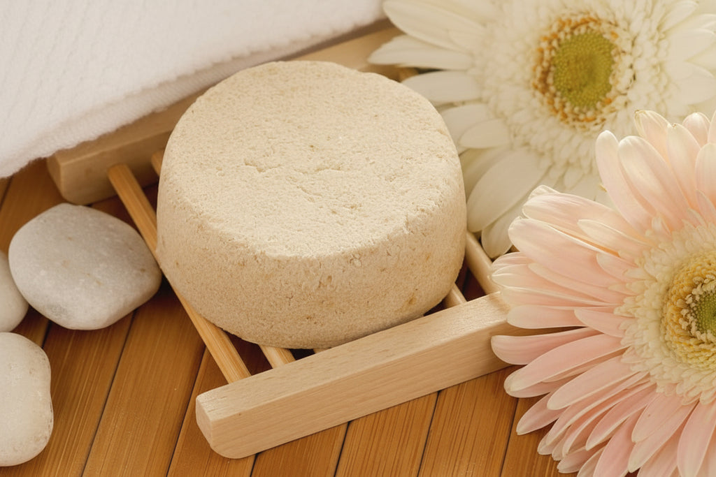 Round beige soap bar on a wooden stand with flowers and stones on a wooden surface