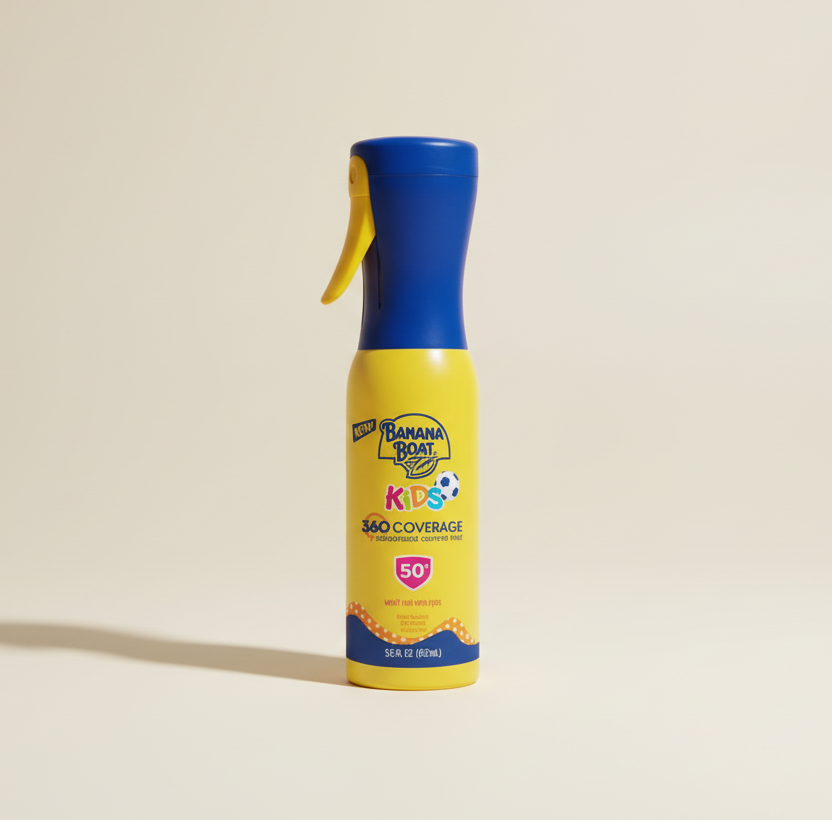 Yellow and blue sunscreen spray bottle with 'Banana Boat Kids' branding on a white background