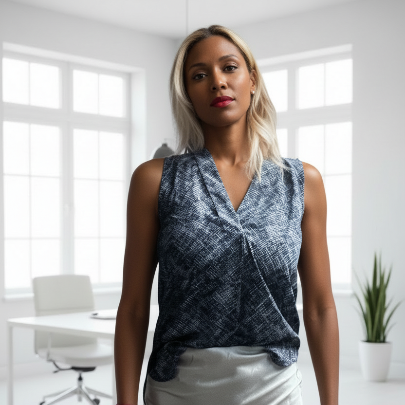 Woman standing in a bright, modern office with large windows and minimal decor.