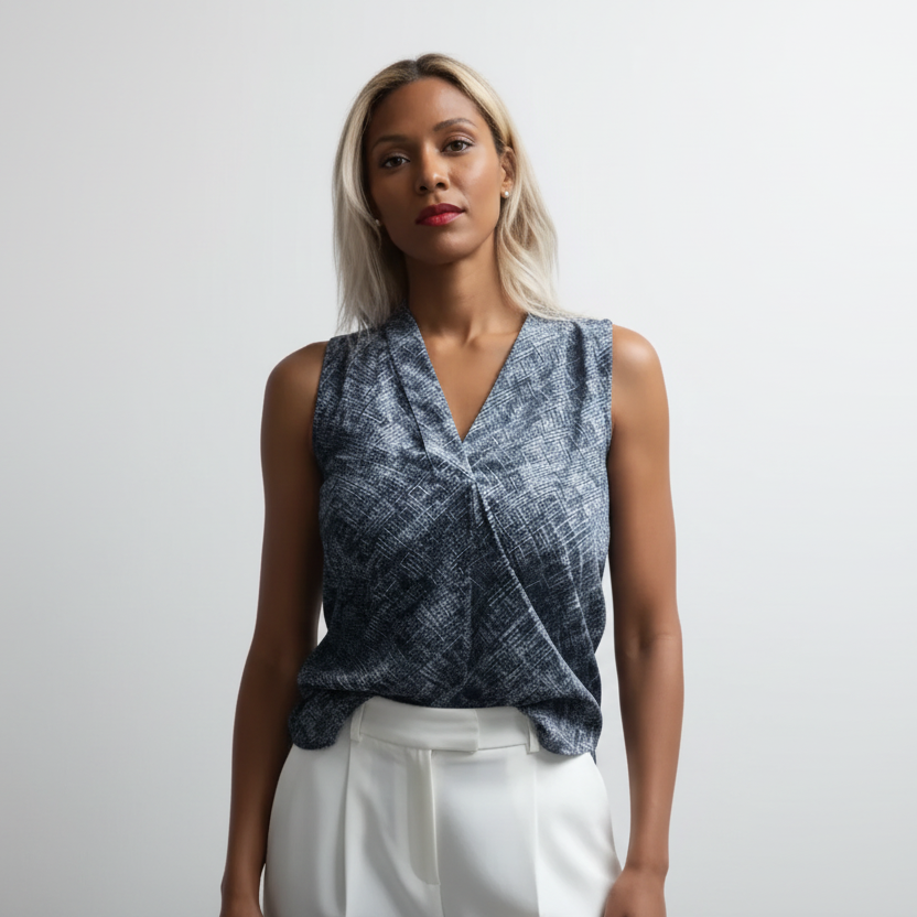 Woman wearing a sleeveless patterned top against a white background