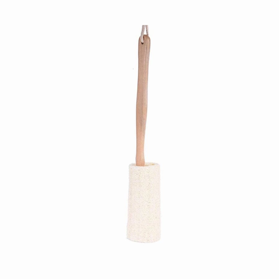 Cleaning brush with wooden handle and white bristle head on a white background