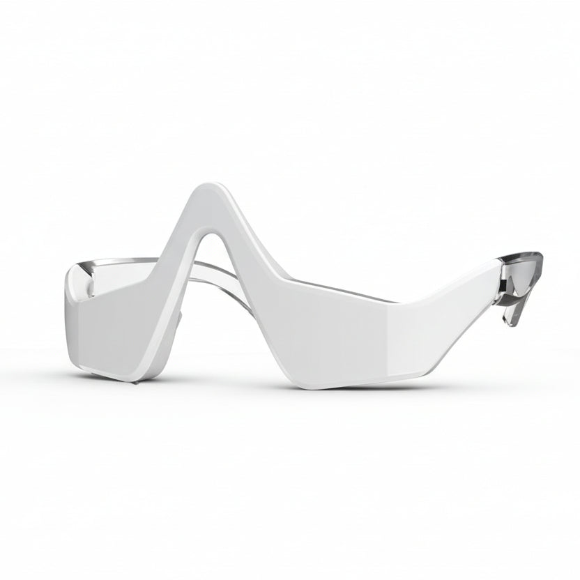 White safety goggles with a green circular design on a white background