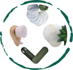 Set of skincare tools including a brush, pads, and a holder on a white background with green accents.