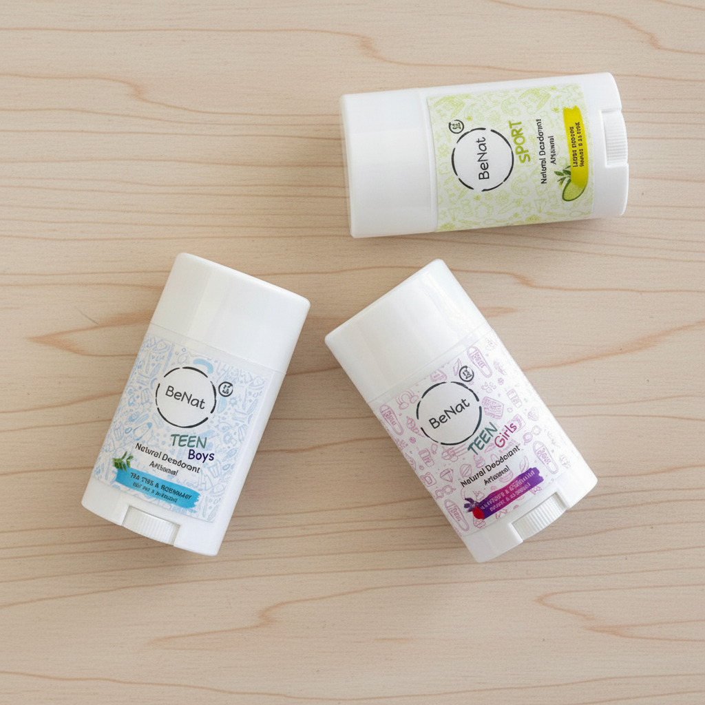 Three deodorant sticks from the brand 'Benat' on a white background