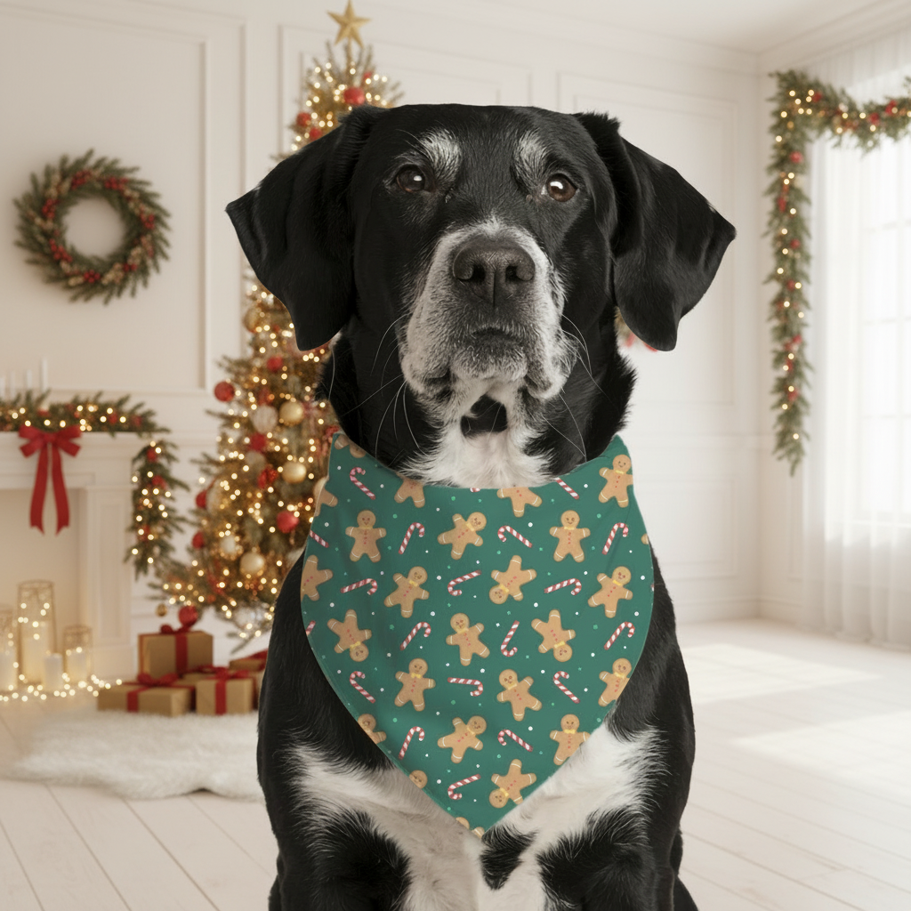 Dog wearing a green bandana with gingerbread man and candy cane pattern on a plain background