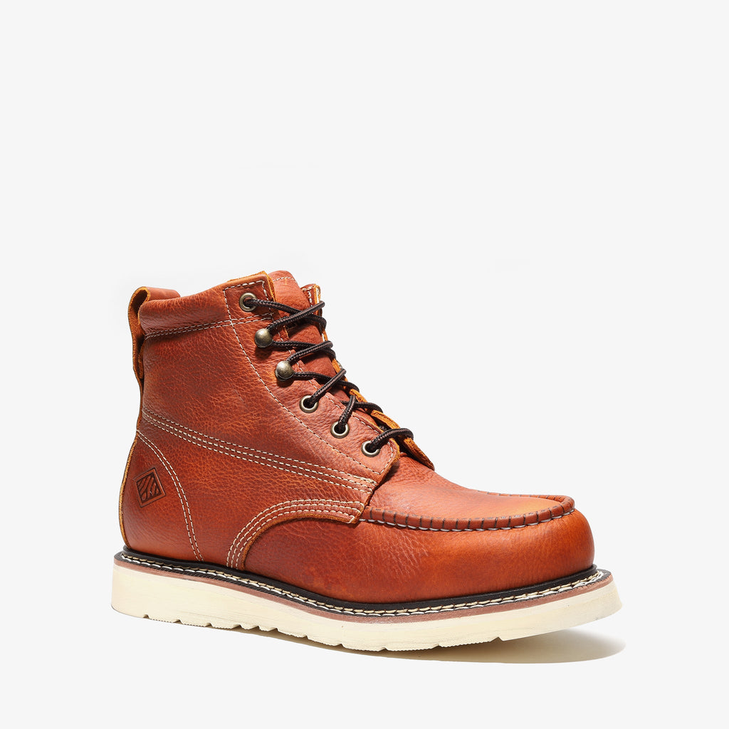 Brown leather boot with white sole on a light gray background