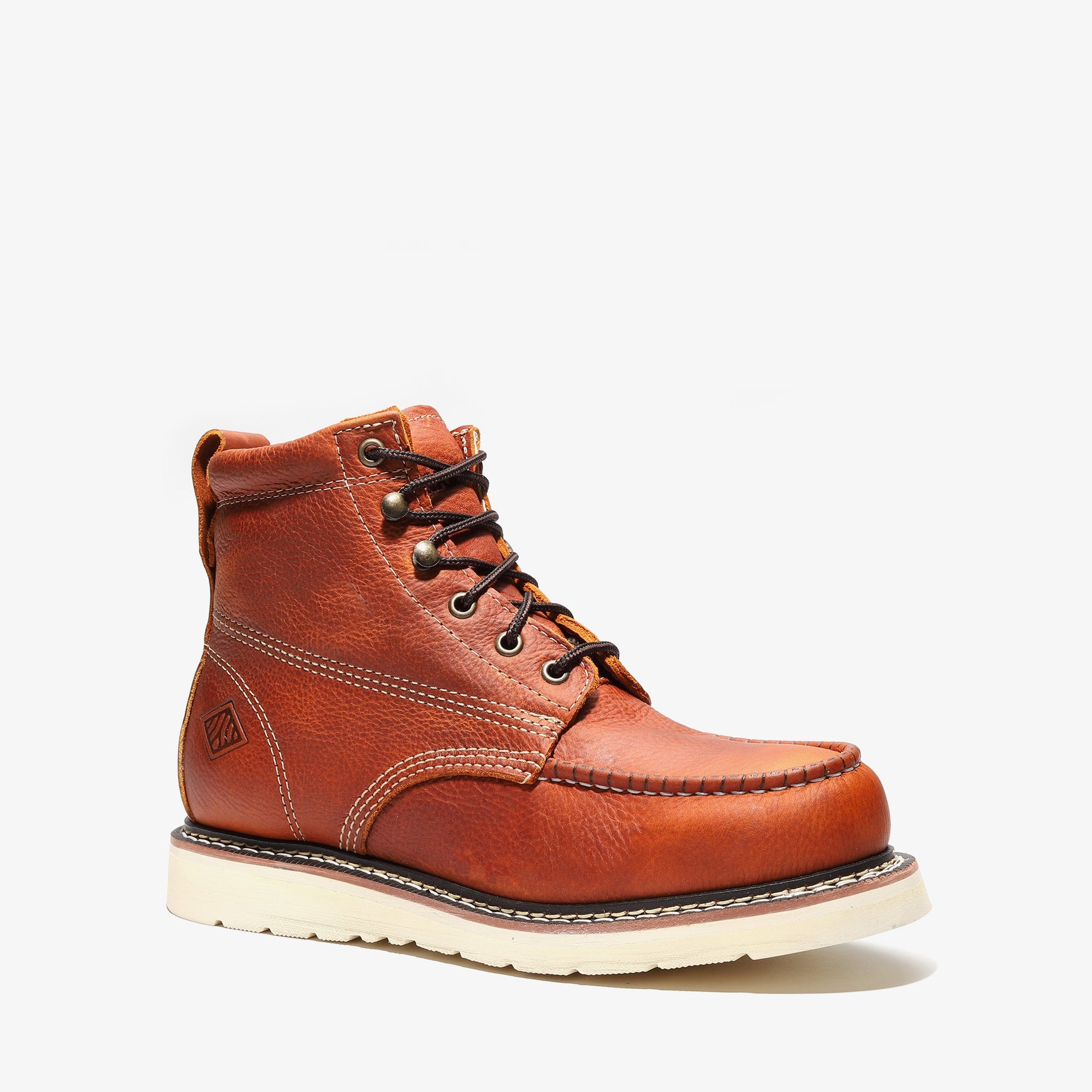 Brown leather boot with white sole on a light gray background