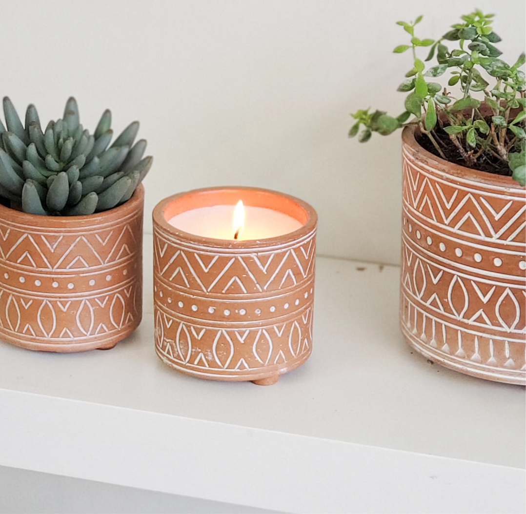 Hand Etched Terracotta Garden Pot Candle