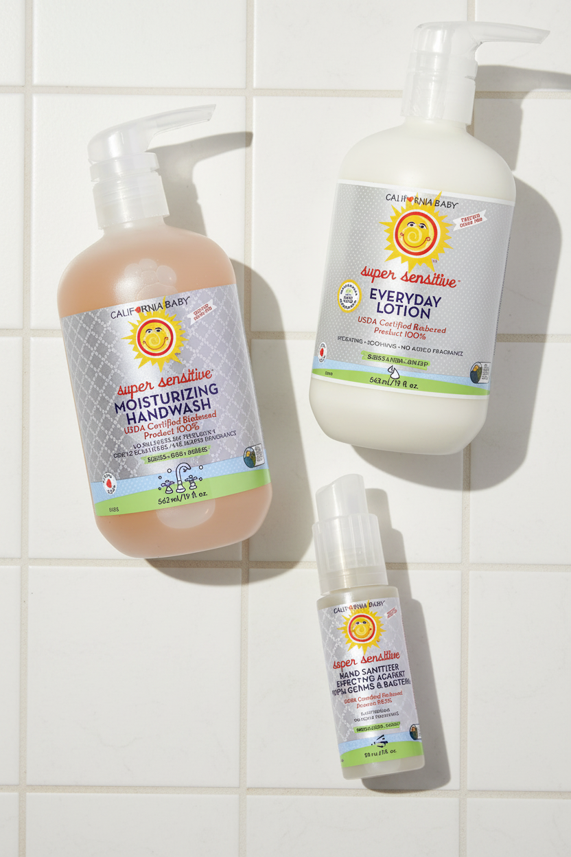 California Baby product set including hand wash, lotion, and hand sanitizer