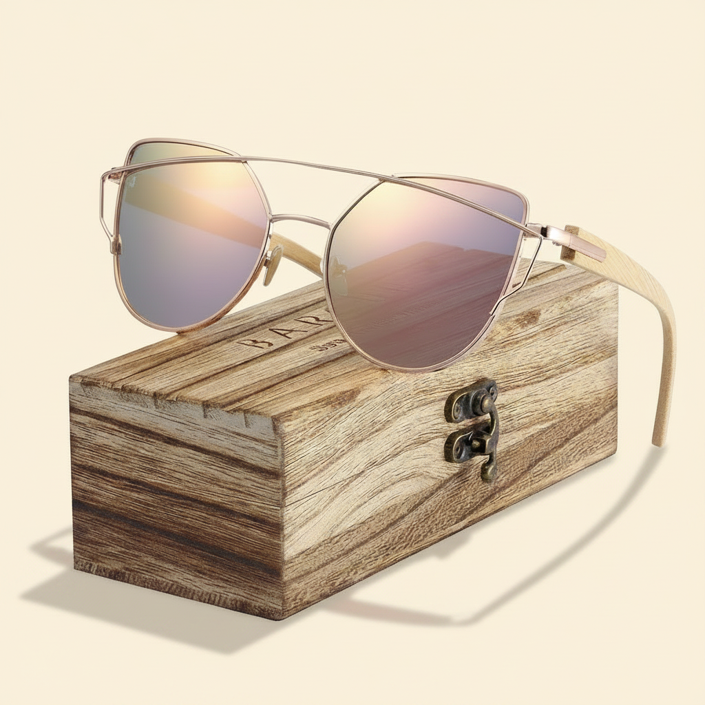 Cat Eye Bamboo Sunglasses with Wooden Case
