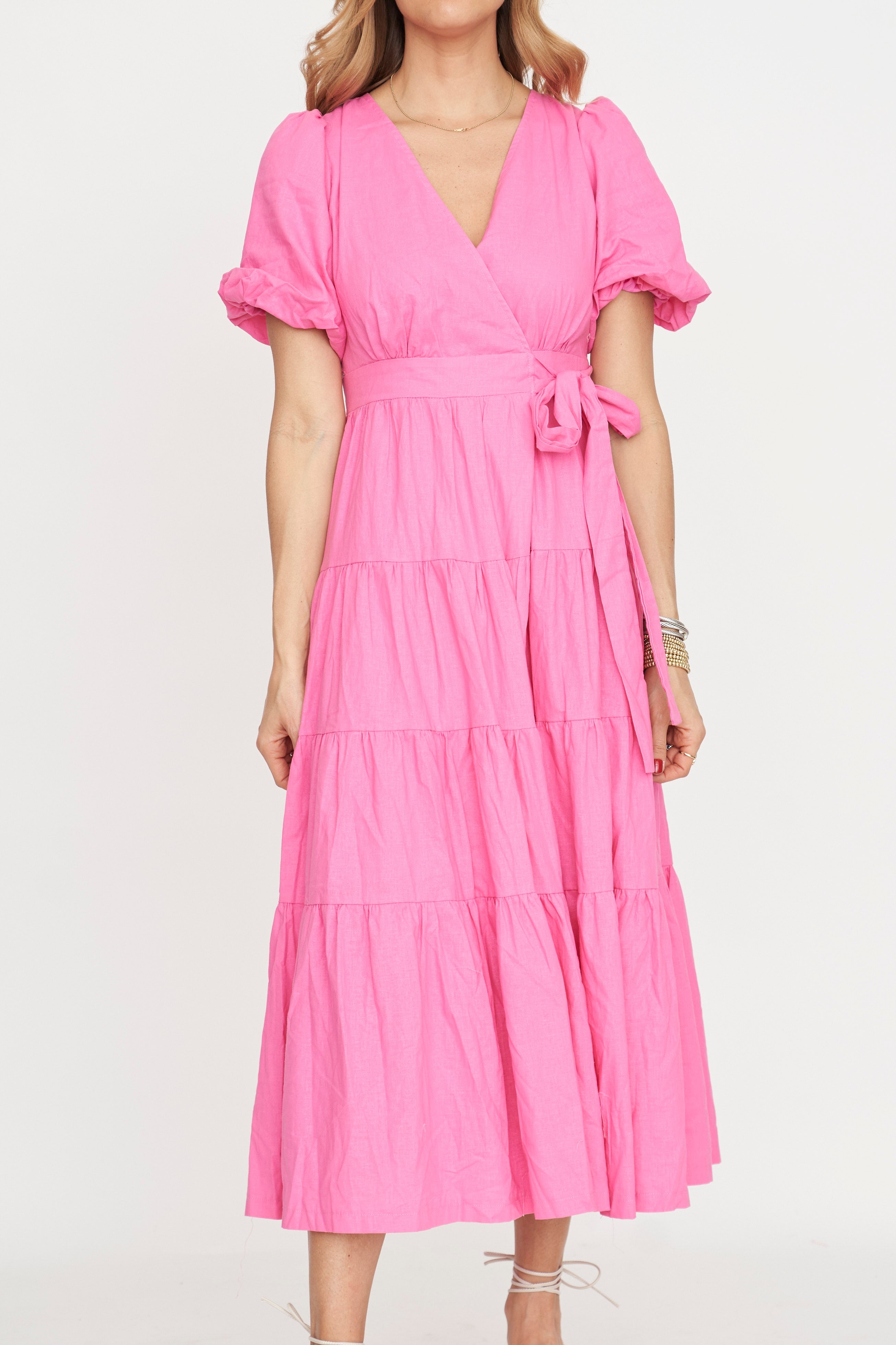 Cotton linen wrap dress with secure snap closure