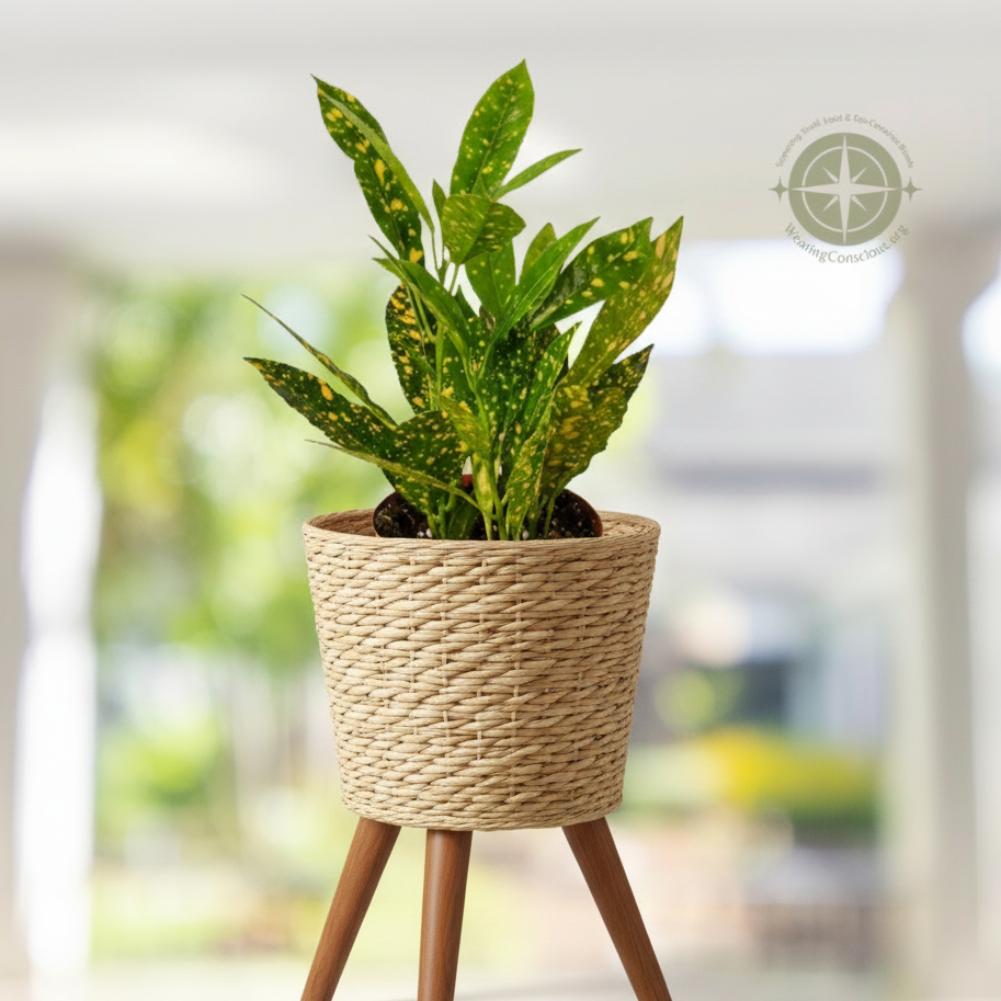 A small potted ornamental plant with green leaves speckled with yellow and white, in a terracotta-colored plastic pot, shown against a blurred white porch background.