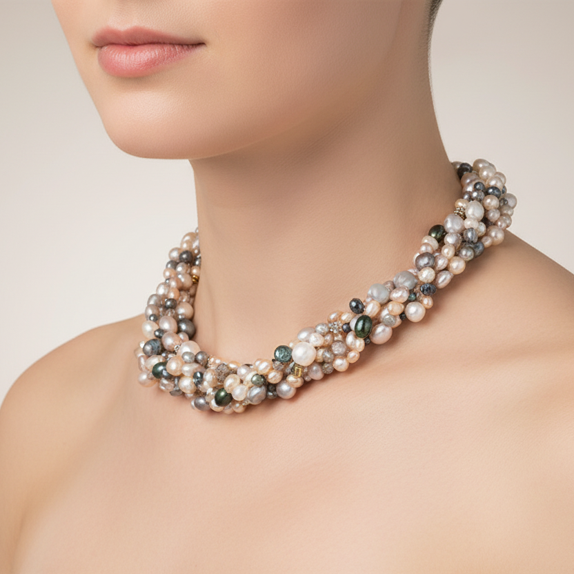 Pearl necklace worn by a person against a neutral background