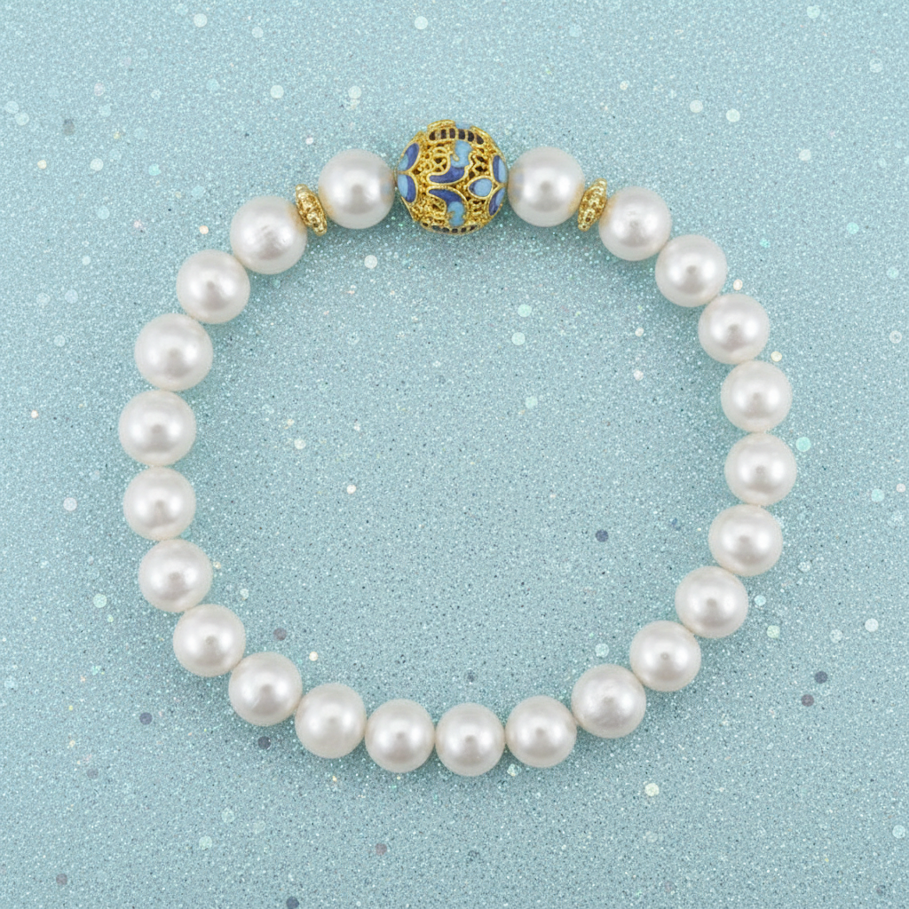 Beautiful Blue Cloisonné and Freshwater Pearl Bracelet