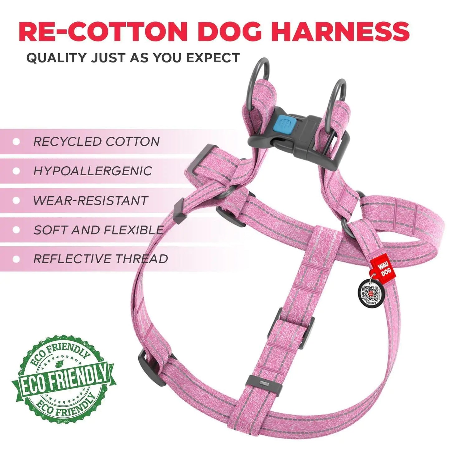 Recycled Cotton Dog Harness - Pink - Size M Adjustable