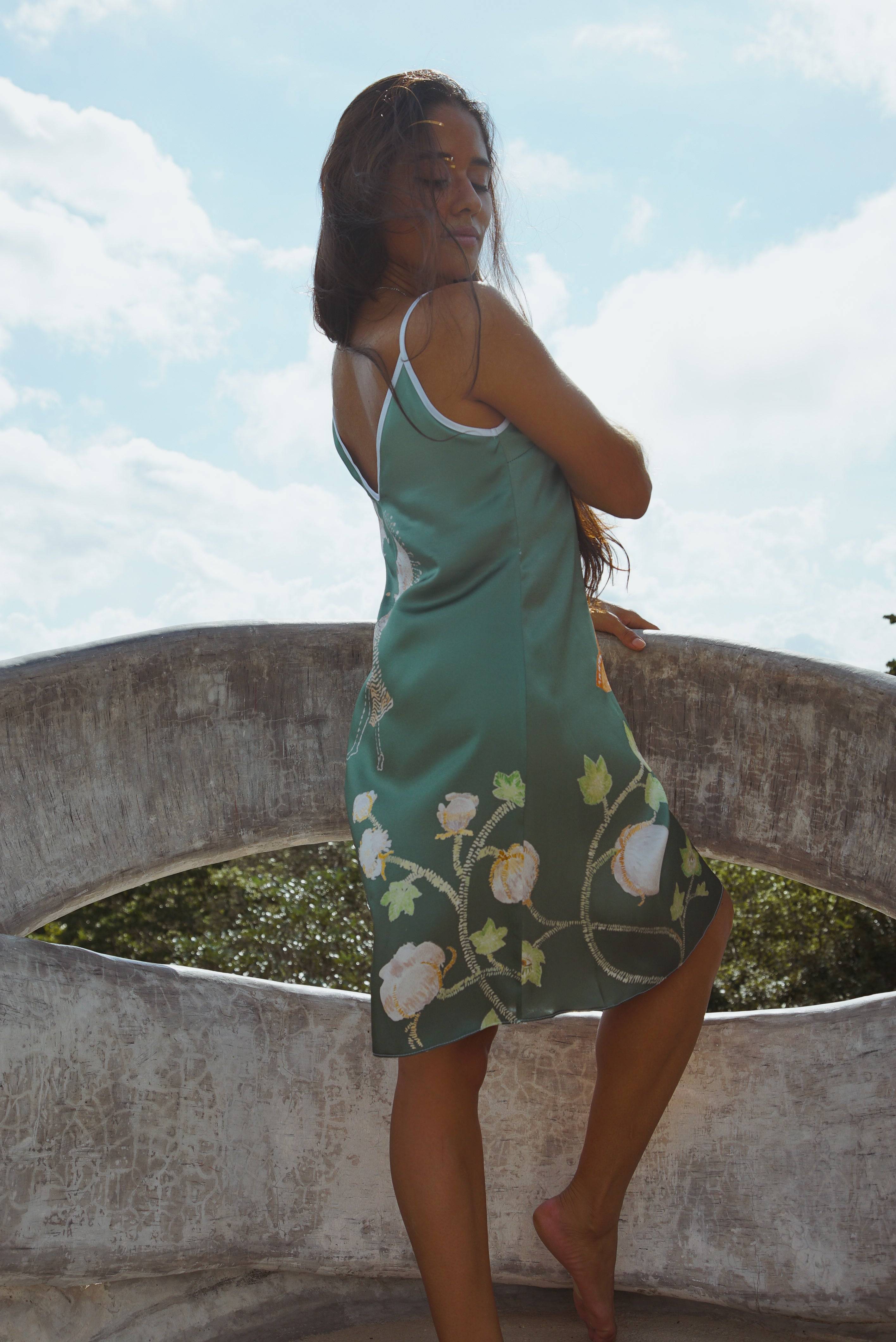 Vela Silk Slip Dress in Green Jungle Butterfly-2