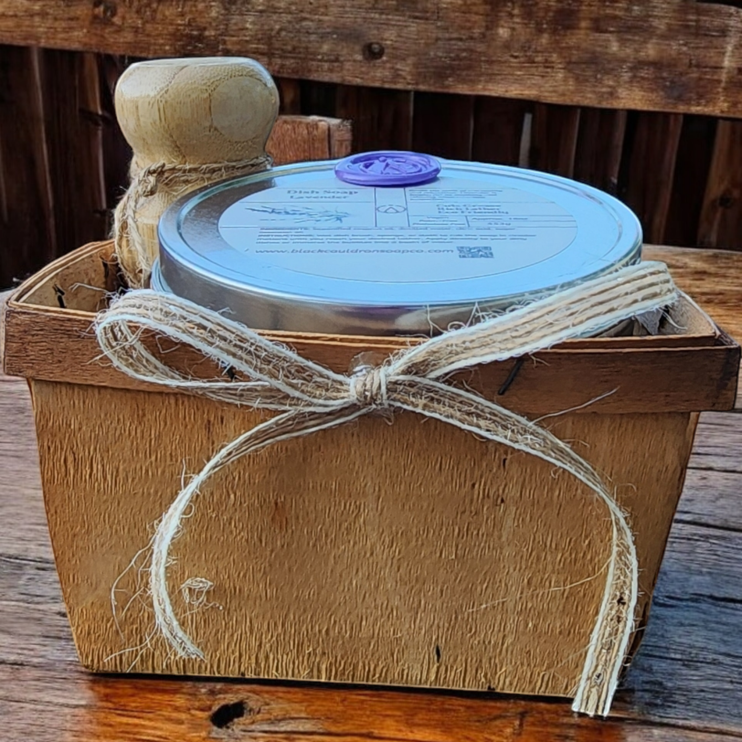 Wooden box with a wrapped product on a wooden surface
