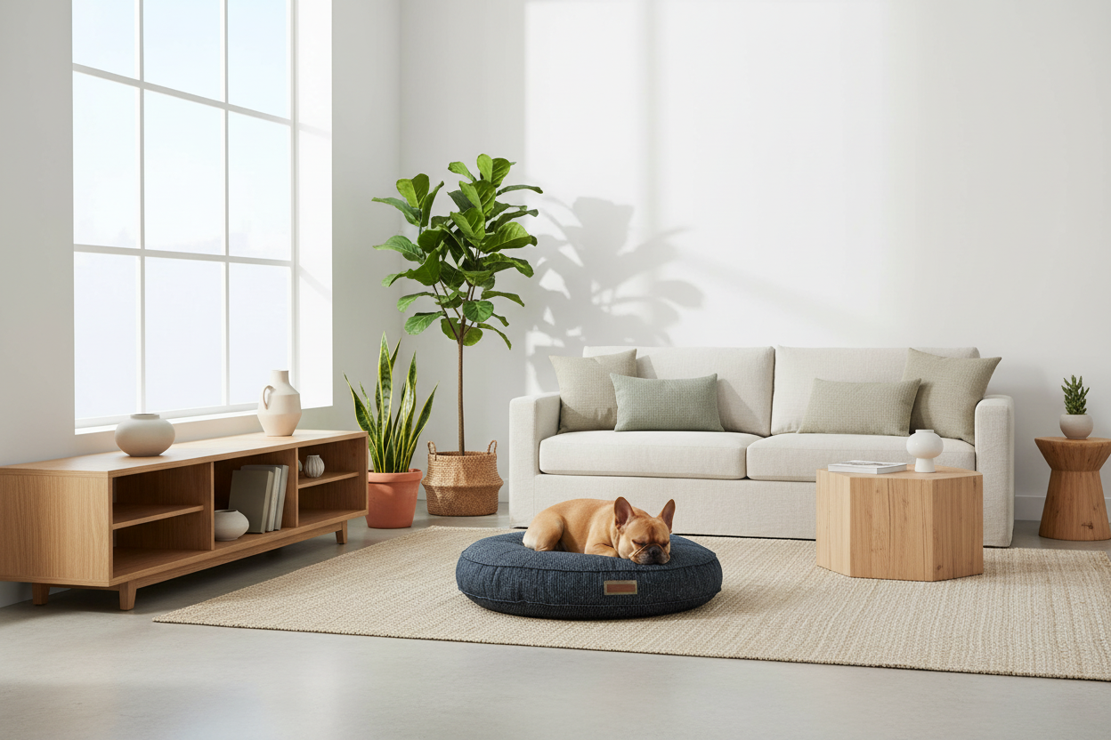Dog lying on a blue cushion in a modern living room with a sofa, coffee table, and plants.