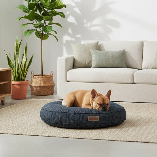 Handmade Luxury Round Pet Bed in Midnight Malamute – Made-to-Order in USA