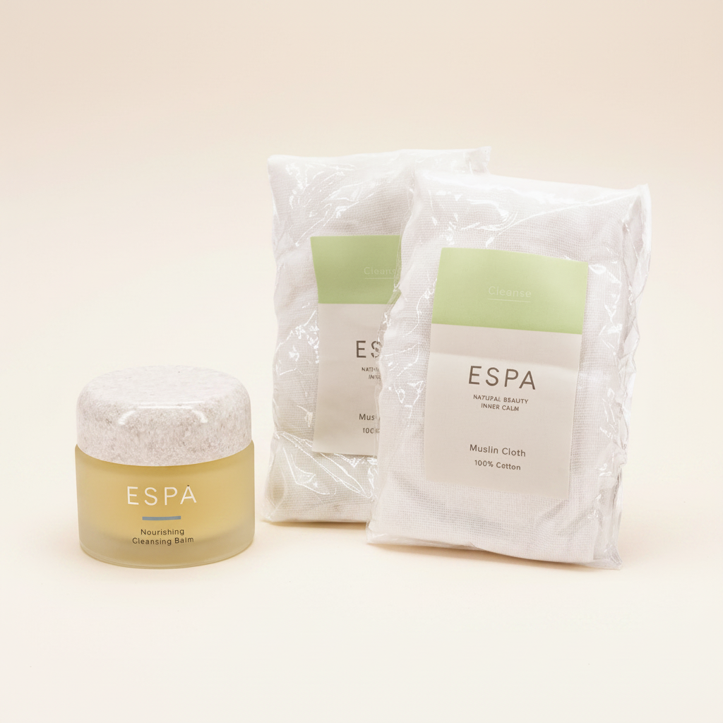 ESPA cleansing balm and muslin cloths on a gray background