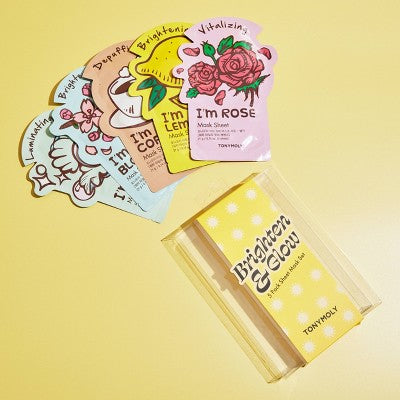 Set of TONYMOLY face masks on a yellow background