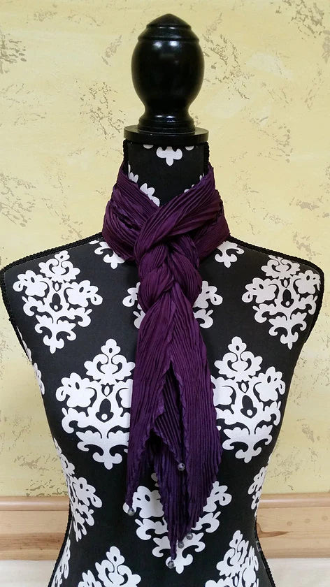 Shibori Pleated Silk Scarf – Eggplant – Handmade to Order